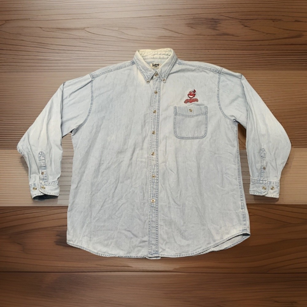 Vintage Lee Sport Cleveland Indians Baseball Denim Chambray Logo Shirt Men's XL